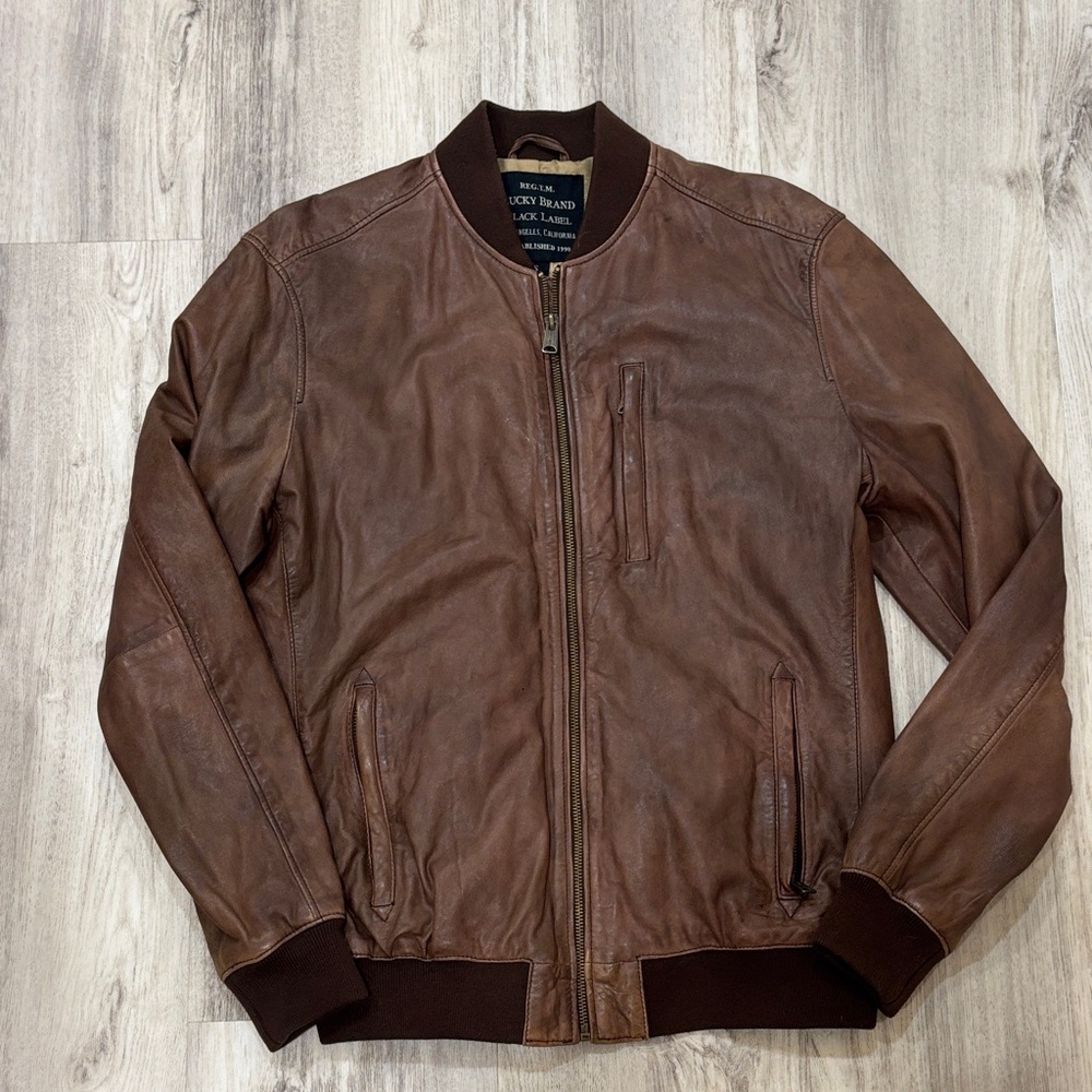 Lucky Brand Black label  Brown Leather Bomber Aviator men  Jacket size small - Picture 2 of 9